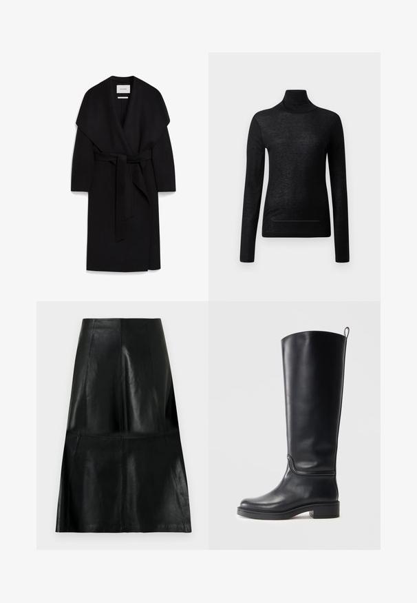 Sort omslagsfrakke lavet af blødt stof, med sjalskrave, korte ærmer og et matchende bælte i taljen. Ren, minimalistisk design.; Sort langærmet turtle neck top lavet af letvægtsstof, med en tætsiddende design og minimale sømdetaljer, velegnet til lagdeling.; Sort knælængde lædernederdel med syede lodrette og vandrette panel syninger, let udvidet for neden.; Sort læder knæhøj støvle med en glat tekstur, rund tå og en kraftig sål. Har en subtil sømdetalje og en træksløjfe øverst.