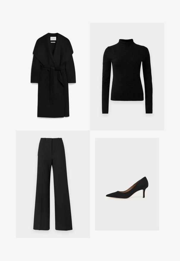 Sort omslagsfrakke lavet af blødt stof, med sjalskrave, korte ærmer og et matchende bælte i taljen. Ren, minimalistisk design.; Sort turtleneck sweater med lange ærmer, prydet med et tekstureret mønster og en tætsiddende pasform. Fremstillet af et blødt, strækbart materiale.; Sorte buks med vide ben og skræddersyet design, der har en glat tekstur og subtile plisseringer foran. Ingen synlige detaljer eller mønstre.; Sort ruskindspumpe med spids snude, mellemhøj stiletthæl og tan indersål på en lys baggrund.