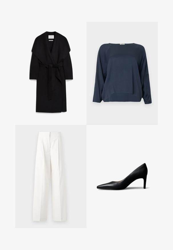 Schwarzer Wickelmantel aus weichem Stoff, mit einem Schalkragen, kurzen Ärmeln und einem passenden Gürtel in der Taille. Sauberes, minimalistisches Design.; Marineblaue Langarmbluse mit lockerem Schnitt, rundem Ausschnitt und leicht geschwungenem Saum. Hergestellt aus glattem, leichtem Stoff.; Weiße weit geschnittene Hosen mit hoher Taille, die über Vorderfalten und eine glatte Textur verfügen und aus leichtem Stoff gefertigt sind.; Schwarzer Damenpumps aus Leder mit spitz zulaufender Schuhspitze und mittelhohem Absatz, von der Seite auf einem weißen Hintergrund gezeigt.