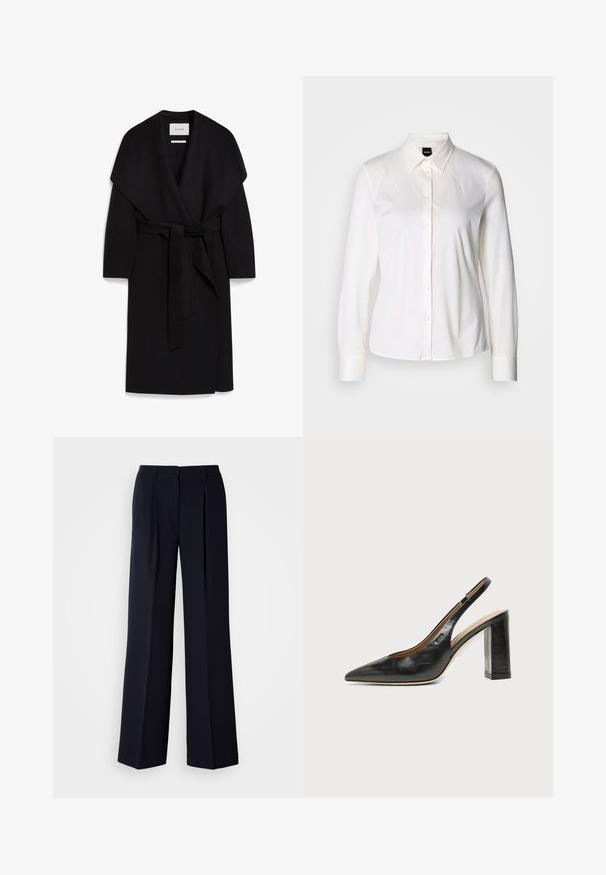 Schwarzer Wickelmantel aus weichem Stoff, mit einem Schalkragen, kurzen Ärmeln und einem passenden Gürtel in der Taille. Sauberes, minimalistisches Design.; Weißes Langarmhemd mit Knöpfen, klassischem Kragen und weichem Baumwollstoff, mit slim fit und einfachem Design ohne Muster.; Marineblaue Hosen mit weitem Bein und Falten, gefertigt aus glattem Stoff. Sie verfügen über einen maßgeschneiderten Bund und eine schlanke Silhouette.; Schwarzer Leder-Slingback-Schuh mit spitzer Kappe, hohem Blockabsatz und beigegefüttertem Innenraum vor hellem, einfarbigem Hintergrund.