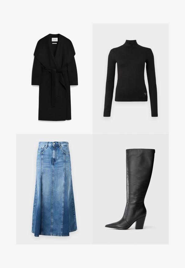 Sort omslagsfrakke lavet af blødt stof, med sjalskrave, korte ærmer og et matchende bælte i taljen. Ren, minimalistisk design.; Sort langærmet tætsiddende turtleneck top med en lille trekantet logo detalje nær bunden på forsiden til højre.; Denim nederdel med en lys til mørk blå gradient, knælængde, med lige snit, frontslids og klassisk knap- og lynlås-lukning.; Sort læderknehøj støvle med spids tå og kraftig høj hæl, vist i venstre sideprofil på hvid baggrund.