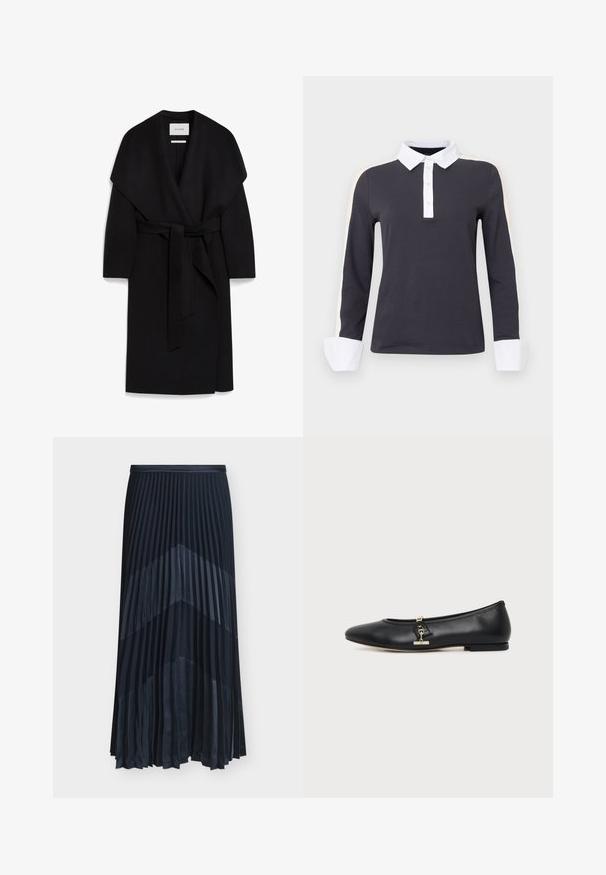 Sort omslagsfrakke lavet af blødt stof, med sjalskrave, korte ærmer og et matchende bælte i taljen. Ren, minimalistisk design.; Mørkegrå langærmet poloshirt med hvid krave og manchetter, med lysebeige skulderaccents og knappelukning.; Sort plisseret midi-nederdel med chevronmønster skabt af skiftevis matte og skinnende stofpaneler.; Sort læder balletflat med en lille gylden metal hesteskobesætning på siden og en flad sål.