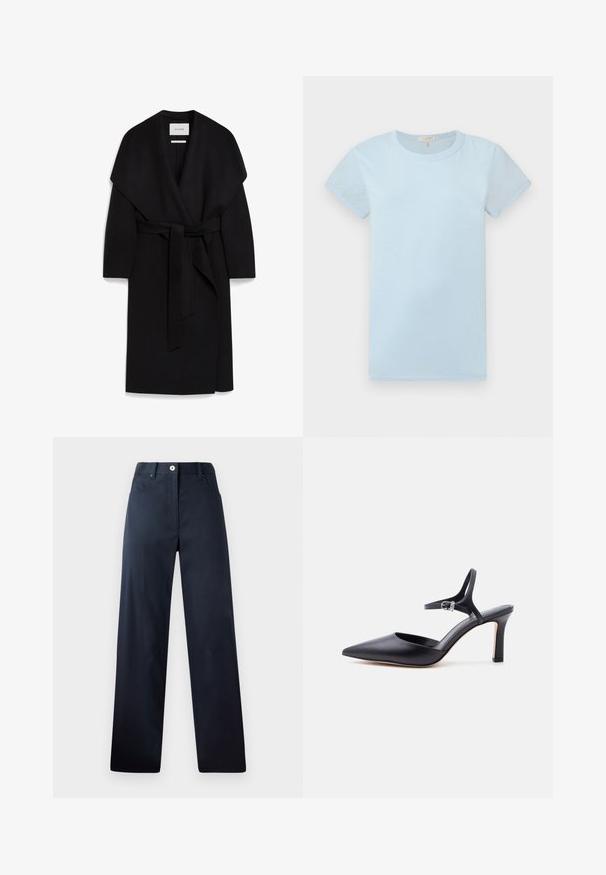 Sort omslagsfrakke lavet af blødt stof, med sjalskrave, korte ærmer og et matchende bælte i taljen. Ren, minimalistisk design.; rag & bone T-shirts basic - raindrop; Mørkeblå bukser med lige ben-design, lavet af glat stof. Har forlommer, knaplukning og subtile syninger.; Sort spids højhælet sko med tynd ankelrem og sølvspænde, glat læderfinish, elegant damesko.