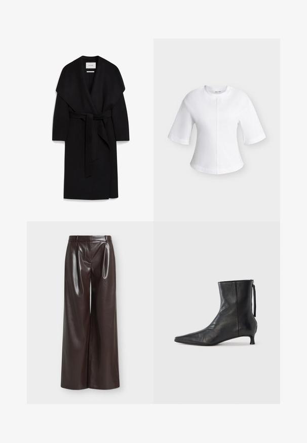 Schwarzer Wickelmantel aus weichem Stoff, mit einem Schalkragen, kurzen Ärmeln und einem passenden Gürtel in der Taille. Sauberes, minimalistisches Design.; Weiße Bluse mit kurzen Ärmeln, rundem Ausschnitt und einem zentralen vertikalen Nahtdetail vorne.; Braune weite Kunstlederhose mit hoher Taille, Gürtelschlaufen und einer vorderen Naht auf einfachem Hintergrund.; Schwarzer Leder-Stiefelette mit spitz zulaufender Spitze, strukturierter Form und niedrigem Absatz. Verfügt über einen Seitenreißverschluss und ein minimalistisches Design.
