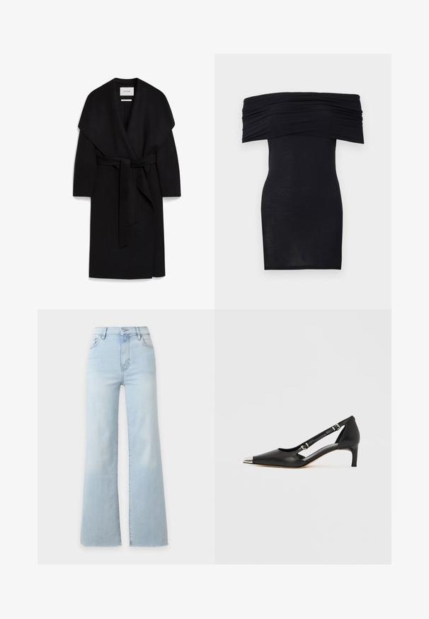 Schwarzer Wickelmantel aus weichem Stoff, mit einem Schalkragen, kurzen Ärmeln und einem passenden Gürtel in der Taille. Sauberes, minimalistisches Design.; Schwarzes schulterfreies Kleid mit gerafften Details an der Brust, figurbetontem Schnitt und glatter, leichter Stoffstruktur.; Hellblaue, hoch taillierte Jeans mit weitem Bein, vorn mit Knopf- und Reißverschluss sowie vorderen Taschen, auf schlichtem Hintergrund präsentiert.; Schwarzer Lederschuh mit Katzenabsatz, spitzer silberner Zehenkappe und doppelten Schnallenriemen vor weißem Hintergrund.