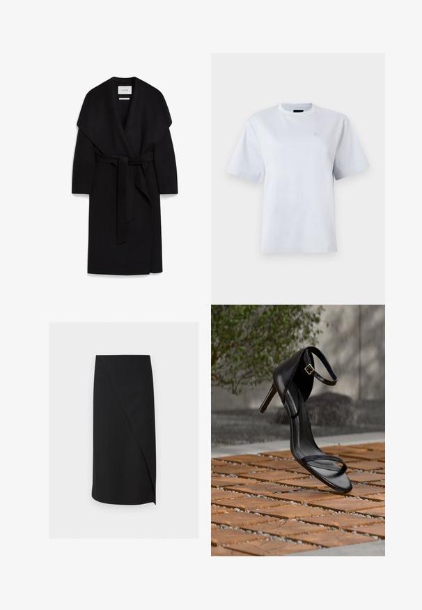 Schwarzer Wickelmantel aus weichem Stoff, mit einem Schalkragen, kurzen Ärmeln und einem passenden Gürtel in der Taille. Sauberes, minimalistisches Design.; Weißes T-Shirt mit kurzen Ärmeln und Rundhalsausschnitt mit kleinem gesticktem Logo auf der linken Brust.; Schwarzer knielanger Bleistiftrock mit asymmetrischem vorderem Überlappungsdetail auf weißem Hintergrund.; Schwarze Sandalette mit hohem Absatz und Knöchelriemen schwebt über einem Holzboden im Freien vor verschwommenem Grün und Steinhintergrund.