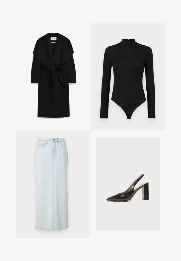 Schwarzer Wickelmantel aus weichem Stoff, mit einem Schalkragen, kurzen Ärmeln und einem passenden Gürtel in der Taille. Sauberes, minimalistisches Design.; Schwarzer Langarm-Bodysuit mit hohem Hals und subtiler Textur. Verfügt über einen Reißverschluss hinten und ein Tanga-Design.; Hellblauer Denim-Maxi-Rock mit geradem Design, vorderer Knopfverschluss und sichtbaren Nähten. Verfügt über zwei Fronttaschen.; Schwarzer Leder-Damenslingback-Schuh mit spitzer Zehenpartie und dickem hohem Blockabsatz vor weißem Hintergrund.