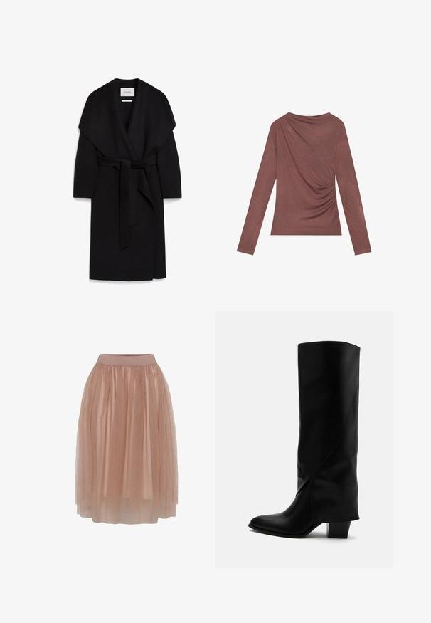 Schwarzer Wickelmantel aus weichem Stoff, mit einem Schalkragen, kurzen Ärmeln und einem passenden Gürtel in der Taille. Sauberes, minimalistisches Design.; Langärmliges Oberteil in einem gedämpften Mauve-Ton, mit drapiertem Detail auf dem Rücken und sanft gerafften Seiten. Hergestellt aus weichem, leichtem Stoff.; Tüllrock in einem sanften Nude-Ton mit einem enganliegenden Gummibund, der aus schichtweisem, transparentem, leichtem Stoff und einer glatten Textur besteht.; Hoher schwarzer Lederstiefel mit schräger Naht, spitzer Spitze und klobigem mittelhohem Absatz auf weißem Hintergrund.