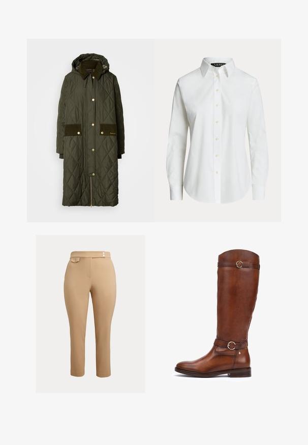 Gequiltede lange jas in donkergroen met een capuchon, corduroy kraag, gouden hardware, twee corduroy zakken en een zijrits.; Wit overhemd met lange mouwen en knopen, met een klassieke kraag en zichtbare knopen aan de voorkant, getoond op een effen achtergrond.; Beige slim-fit pantalons met hoge taille, met twee kleine decoratieve knoopjes op de tailleband en een knoopsluiting flapzak aan de rechterzijde.; Bruine leren laarzen tot de knie met een gladde afwerking, een ronde neus, een decoratieve band met een ronde gesp en een lage stapelhak.