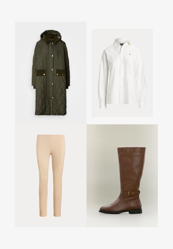 Gequiltede lange jas in donkergroen met een capuchon, corduroy kraag, gouden hardware, twee corduroy zakken en een zijrits.; Witte blouse met lange mouwen en knopen, kraag en klein geborduurd logo op de linkerborst.; Beige slim-fit enkellange broek met een gladde afwerking en zonder zichtbare zakken of versieringen op een effen achtergrond.; Hoge bruine leren laars met een zijgespsluiting en een lage zwarte zool, gefotografeerd tegen een neutrale achtergrond.