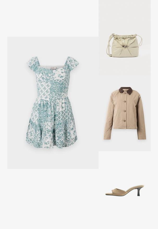 Beige jakke med en brun kordfløjelkrave, fem knaplukninger foran, to sidelommer og lange ærmer. Glat stofstruktur.; Hvid kort sommerkjole med teal blomster- og geometriske patchworkmønstre, korte ærmer, firkantet udskæring og udvidet nederdel.; Beige ruskind åben tå mule med kort sort kittenhæl og åben hæl, vist fra siden på en hvid baggrund.; Blød beige skuldertaske i læder med rynket top, sølvfarvet tryk-lås-lukning og tynd justerbar skulderrem på hvid baggrund.