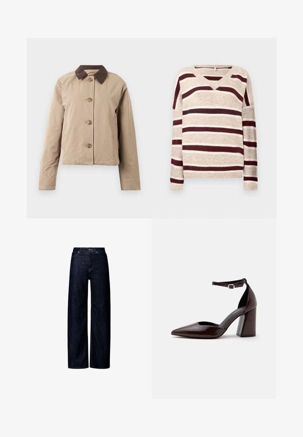 Beige jakke med en brun kordfløjelkrave, fem knaplukninger foran, to sidelommer og lange ærmer. Glat stofstruktur.; V-hals sweater i beige med mørkerøde og cremefarvede striber. Har lange ærmer og ribkant. Blød tekstur og afslappet pasform.; Mørkeblå denimbukser med vide ben, høj talje, knaplukning foran og synlige syninger på lommer og samlinger.; Mørkebrunt læder pumps med spids tå, høj hæl, ankelrem og sølvspænde på hvid baggrund.