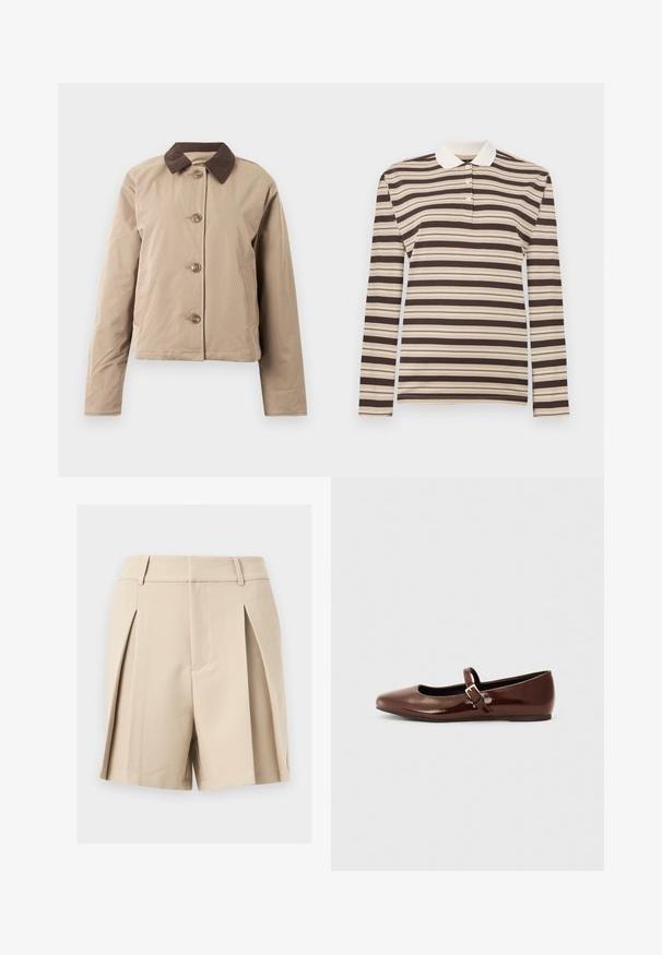 Beige jas met een bruin corduroy kraag, sluiting met vijf knopen aan de voorkant, twee zijzakken en lange mouwen. Glad stoftextuur.; Polo-shirt met lange mouwen in bruin en beige strepen, met een kraag en een drie-knops sluiting; gemaakt van zachte stof.; Beige, op maat gemaakte shorts met hoge taille, voorzien van ceintuurlussen en voorplooien, afgebeeld tegen een neutrale achtergrond.; Bruine gepatineerde leren balletschoen met een vierkante neus en een bandje met een kleine gouden gesp. Gladde textuur, lage hak en minimalistisch ontwerp.