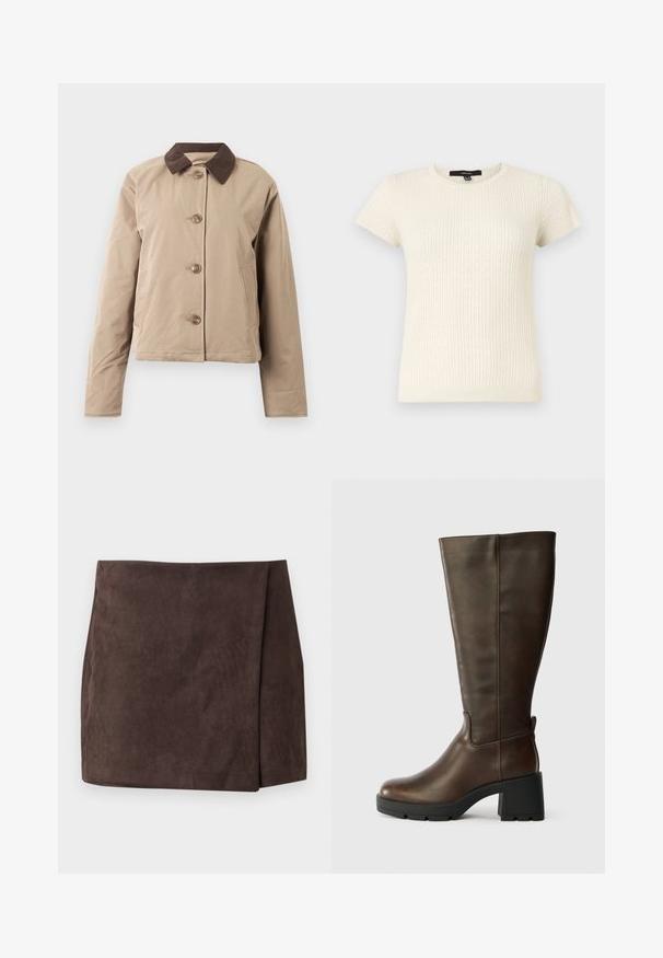 Beige Jacke mit einem braunen Cordkragen, fünf Knöpfen an der Vorderseite, zwei seitlichen Taschen und langen Ärmeln. Glatte Stoffoberfläche.; Kurzärmeliges cremefarbenes Stricktop mit gerippter Textur und kleinem perforiertem Punktmuster, rundem Ausschnitt und figurbetonter Silhouette.; Dunkelbrauner Wildleder-Minirock mit asymmetrischem Frontpaneel, flacher Taille und geradem Saum auf einfarbigem Hintergrund.; Braune Leder-Knöchelstiefel mit einem klobigen schwarzen Absatz und strukturiertem Finish. Merkmale sind eine runde Zehenpartie und subtile Seitennahtdetails.