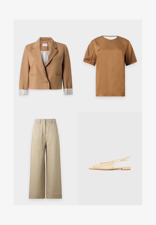 Blazer court marron clair avec un bouton unique, col cranté et doublure rayée visible aux manches retroussées et à l’intérieur.; Blouse en satin brun à manches courtes, avec un col rond et un petit détail découpé au niveau du col arrière.; Pantalon beige à jambes larges avec passants pour ceinture, poches avant et fermeture éclair avant dissimulée avec un crochet.; Chaussure plate slingback en beige clair avec une tige en maille, un bout pointu et un petit talon. Dotée d'une sangle ajustable pour un bon maintien.