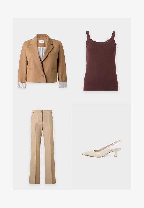 Blazer court marron clair avec un bouton unique, col cranté et doublure rayée visible aux manches retroussées et à l’intérieur.; Débardeur brun côtelé sans manches avec encolure carrée et logo brodé discret au centre devant.; Pantalon beige à jambe droite avec pli avant, fermeture par bouton et passants pour ceinture, présenté sur un fond uni.; Chaussure slingback couleur crème à bout pointu avec un petit talon bas incurvé et une bride réglable à boucle.