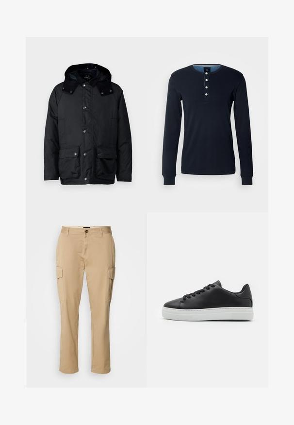 Barbour MODERN BEAUFORT JACKET - Ελαφρύ μπουφάν - navy; Σκούρα ναυτικά μπλούζα με μακριά μανίκια φτιαγμένη από βαμβάκι, διαθέτει λαιμόκοψη henley με πέντε λευκά κουμπιά και ριγμένες μανσέτες. Μαλακή υφή και εφαρμοστή σχεδίαση.; Μπεζ cargo παντελόνι από βαμβάκι. Διαθέτει δύο πλαϊνές τσέπες, κλείσιμο με κουμπί και σχέδιο με ίσια γραμμή. Λείος υφασμάτινος τριμμένος, casual στιλ.; Μαύρο δερμάτινο αθλητικό παπούτσι με στρογγυλή μύτη, λευκή καουτσούκ σόλα και μαύρες κορδόνες. Διαθέτει λεία υφή και μινιμαλιστικό σχέδιο.