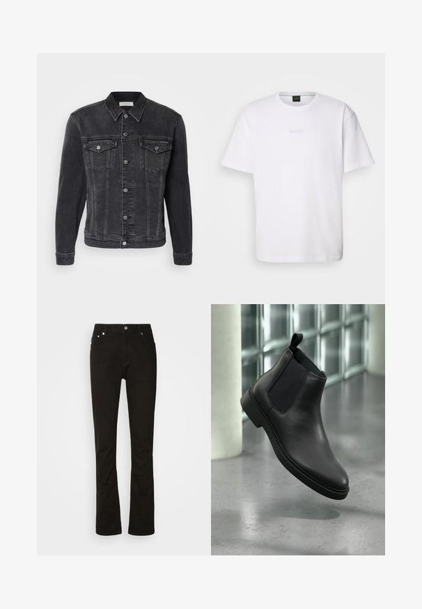 Dunkelgraue Jeansjacke mit Kragen, zwei Vordertaschen, silbernen Metallknöpfen und sichtbaren Nähdetails.; Weißes Baumwoll-T-Shirt mit kurzen Ärmeln, rundem Ausschnitt und geprägtem "BOSS"-Logo auf der Brust. Glatte Textur, normale Passform.; Schwarze Jeans aus Denim mit geradem Bein, ausgestattet mit vorderen Taschen, einem Reißverschluss und silbernen Hardware-Details. Glatte Textur, ohne Muster.; Schwarzer Chelsea-Lederstiefel mit elastischen Seitenpanelen und Zuglasche, schwebend über einem polierten Betonboden in der Nähe von Glasbausteinen.