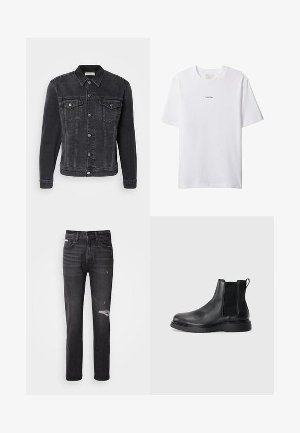 Dunkelgraue Jeansjacke mit Kragen, zwei Vordertaschen, silbernen Metallknöpfen und sichtbaren Nähdetails.; Weißes Baumwoll-T-Shirt mit Rundhalsausschnitt und kurzen Ärmeln. Auf der Brust zentriert befindet sich ein kleines schwarzes "Calvin Klein"-Logo.; Schwarze Denim-Jeans mit gerade geschnittenem Bein, ausgefransten Details an den Knien, Fünf-Taschen-Stil und einem dezenten, ausgewaschenen Finish.; Schwarze Leder-Chelsea-Boots mit strukturiertem Finish, elastischen seitlichen Einsätzen und einer robusten Gummisohle. Dezentes Branding an der Ferse.
