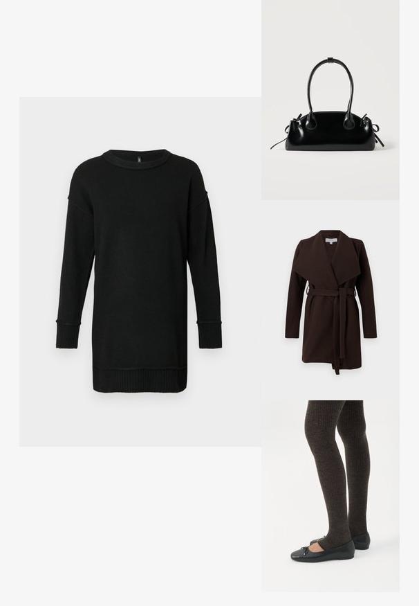 Brun bæltefrakke med en bred krave, lange ærmer og åben front. Lavet af blødt stof med en glat tekstur.; Lang sort strikket sweater med ribbede manchetter og kant, rund hals, og sænkede skuldersømme på en lys grå baggrund.; Ben iført mørke ribbede leggings kombineret med sorte balletsko med små sløjfedetaljer på hvid baggrund.; Lille sort blank håndtaske med to lange håndtag og snøre-detaljer i siden på en ensfarvet lys baggrund.