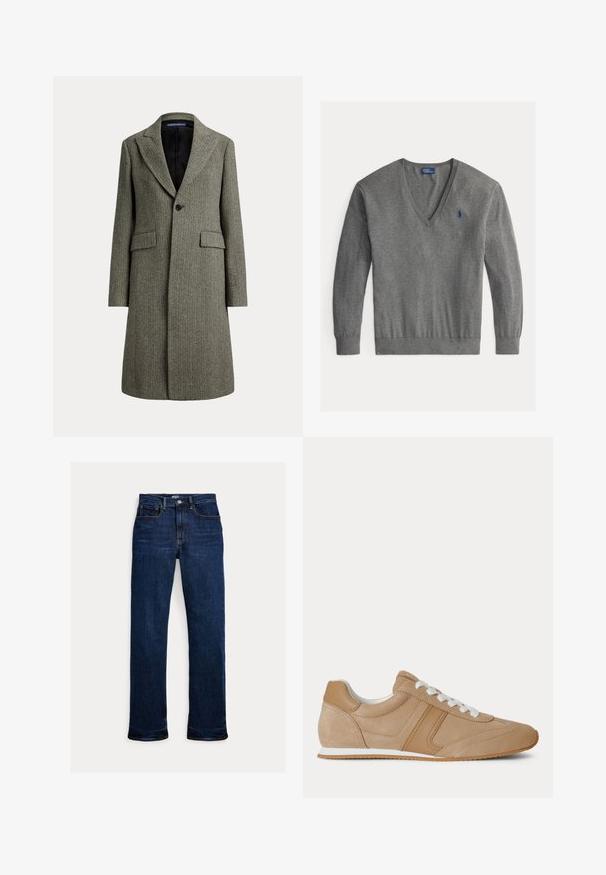 Uldfrakke i mellem længde med sildebensmønster, brede revers, enkelt sort knap, to lommer med klap og sort for.; Herre grå V-hals sweater med lange ærmer og lille blåt broderet logo på venstre bryst.; Mørkeblå straight-leg jeans med frontknap og lynlås, fem-lomme design og synlige syninger.; Lysebrun ruskind og læder lavtop-sneaker med hvide snørebånd og hvid gummisål vist fra siden på en hvid baggrund.