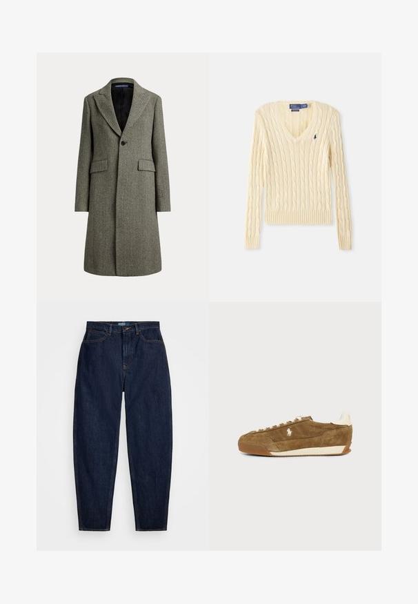 Abrigo de lana de longitud media con estampado de espiga, solapas anchas, un botón negro, dos bolsillos con solapa y forro interior negro.; Jersey de punto trenzado color crema con cuello en V, mangas largas y pequeño logo azul oscuro de Polo Ralph Lauren en el pecho izquierdo.; Vaqueros de denim azul oscuro con un corte recto, que presentan costuras naranjas, un cierre frontal con botón y cinco bolsillos.; Zapatilla baja de ante marrón con cordones blancos, suela beige y un pequeño logo blanco de un caballo en el lateral.