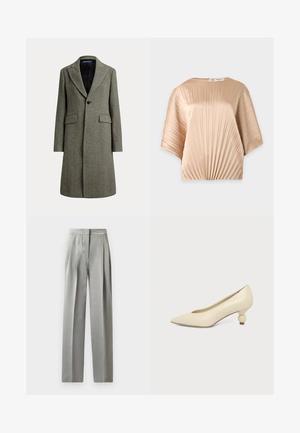 Abrigo de lana de longitud media con estampado de espiga, solapas anchas, un botón negro, dos bolsillos con solapa y forro interior negro.; Blusa beige de manga corta con plisados verticales, escote redondo y cierre de cremallera en la espalda.; Pantalones de traje gris claro con una textura suave, que presentan pliegues en la parte frontal, un diseño de pierna ancha y una cinturilla ajustada.; Zapato de mujer color crema con punta afilada y tacón bajo, con tacón redondo en forma de bola, sobre un fondo liso.