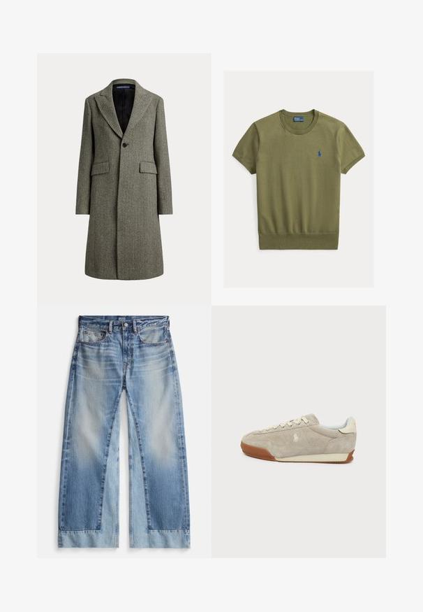 Uldfrakke i mellem længde med sildebensmønster, brede revers, enkelt sort knap, to lommer med klap og sort for.; Olivengrøn strikket poloshirt med korte ærmer, ribkanter og et lille blåt broderet logo på venstre bryst.; Lyseblå jeans med vide ben og en falmet vask, der har to lommer foran, knaplukning og frynsete kanter. Fremstillet af denimstof.; Beige ruskind lavskoet sneakers med hvide snørebånd, gummisål og et lille broderet logo på siden, vist i højre profil.