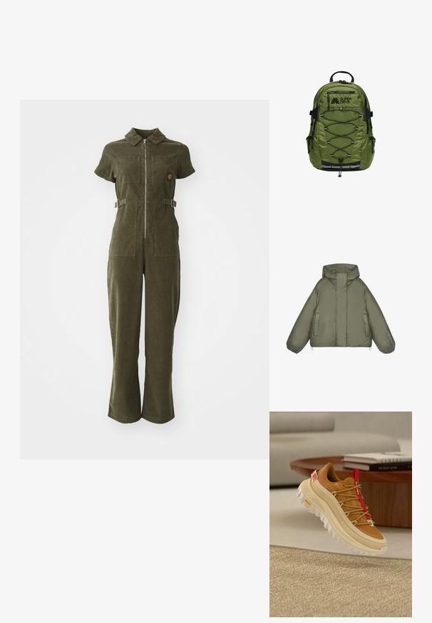 Pufferjack in olijfgroen, met een capuchon, oversized pasvorm, elastische manchetten, twee zijzakken en tekstdetails op de mouw.; Olijfgroene corduroy jumpsuit met een ritssluiting aan de voorkant, korte mouwen, twee borstzakken en verstelbare zijkruisen. Flared broekspijpen.; Bruine en beige wandelschoen met rode tongtreklip, dikke witte zool en veter in touwstijl, zwevend boven een geweven beige tapijt binnen.; Olijfgroene rugzak met een gestructureerde afwerking, voorzien van zwarte accenten, een verstelbaar bungeekoord, meerdere ritsen en zijzakken.