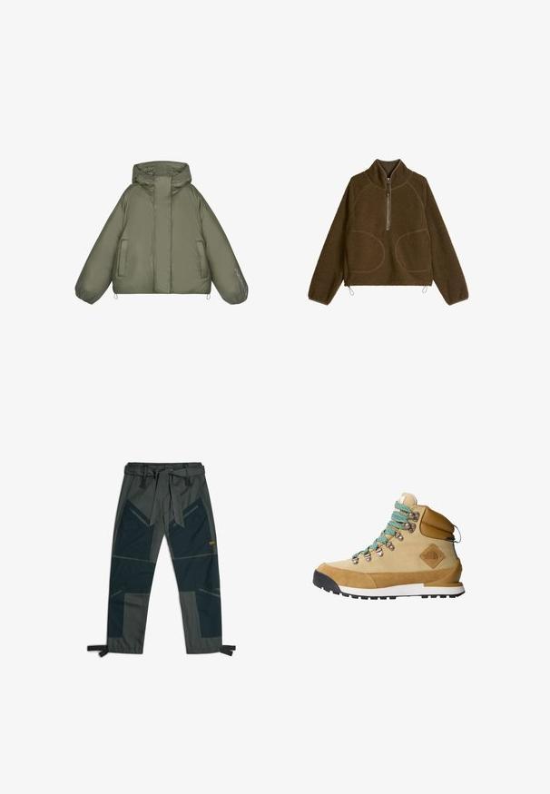 Pufferjack in olijfgroen, met een capuchon, oversized pasvorm, elastische manchetten, twee zijzakken en tekstdetails op de mouw.; Bruine fleece trui met halve ritssluiting aan de voorkant, hoge kraag, lange mouwen en afgeronde voorzakken, plat weergegeven op een witte achtergrond.; Broek met een riem, voorzien van een mix van donkergroene en grijze stoffen, hoekig patchworkontwerp, meerdere zakken en verstelbare enkelbandjes.; Tan wandelschoen met een bovenwerk van suede en canvas, turquoise veters, een gevoerde kraag en een zwarte rubberen zool met een geprofileerd grippatroon.
