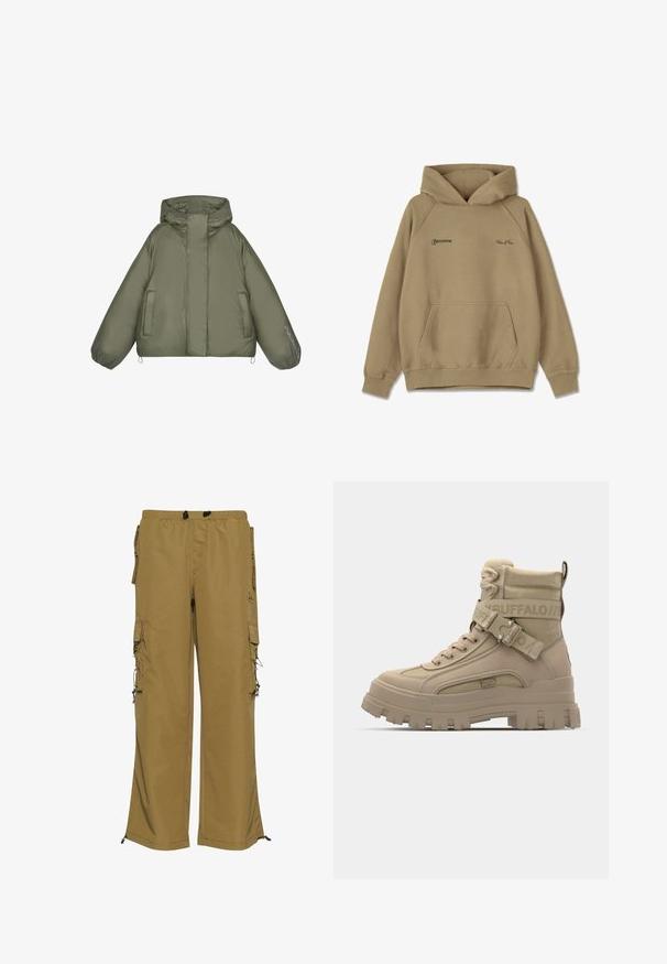 Pufferjack in olijfgroen, met een capuchon, oversized pasvorm, elastische manchetten, twee zijzakken en tekstdetails op de mouw.; Beige hoodie van fleece materiaal, met een voorkantzak, geribde manchet en geborduurde logo's op de borst.; Khaki cargobroek met een elastische tailleband, meerdere zijvakken en verstelbare manchetten. Gemaakt van een duurzaam materiaal met een gladde textuur.; Tan hoge laarzen van synthetisch materiaal, met een chunky zool, gestructureerde stofaccenten en een band met logo-detail.