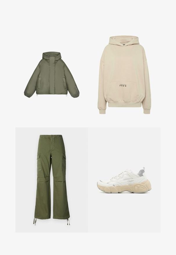 Pufferjack in olijfgroen, met een capuchon, oversized pasvorm, elastische manchetten, twee zijzakken en tekstdetails op de mouw.; Beige hoodie met een voorzak, geribbelde boorden en een capuchon met trekkoord. "PECADOR PGDR" tekst gedrukt op het zakgebied.; Olijfgroene cargobroek van katoen, met een brede pijpdesign, twee zijzakken en verstelbare touwen aan de zoom.; Witte sneaker met een bovenwerk van mesh en glad leer, met een gevoerde kraag, een gemêleerde rubberen zool en subtiele metallic accenten.