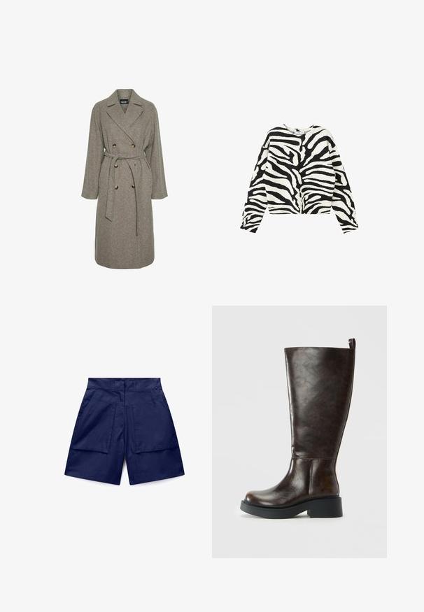 Grå uldblandingsfrakke med dobbeltknap-design, store knapper og bælte i taljen. Har en notch-krave og lange ærmer.; Langærmet sweater med sort og hvid zebra-print, rund hals og løs pasform.; Marineblå shorts med høj talje, forreste læg, brede bæltestropper og store rektangulære lappelommer på begge sider.; Mørkebrun læder knæhøj støvle med rund tå, chunky sort sål, lav blokhæl og trækflig bagpå.