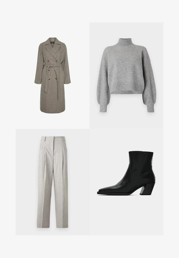 Grau melierter Wollmischmantel mit doppelter Knopfleiste, großen Knöpfen und einem Gürtel in der Taille. Mit Notchkragen und langen Ärmeln.; Grauer, geschnittene Pullover mit hohem Kragen, gerippten Bündchen und Saum sowie überschnittenen Schultern. Weicher Stoff mit minimalen Nähten.; Helle graue Hose mit strukturiertem Finish, hochgeschnittenem Design und zwei vorderen Falten. Gerader Schnitt ohne sichtbare Taschen.; Schwarze Leder-Stiefelette mit spitzem Zeh, schlanker Silhouette und klobigem quadratischem Absatz. Glatte Textur mit minimalen Nähdetails.