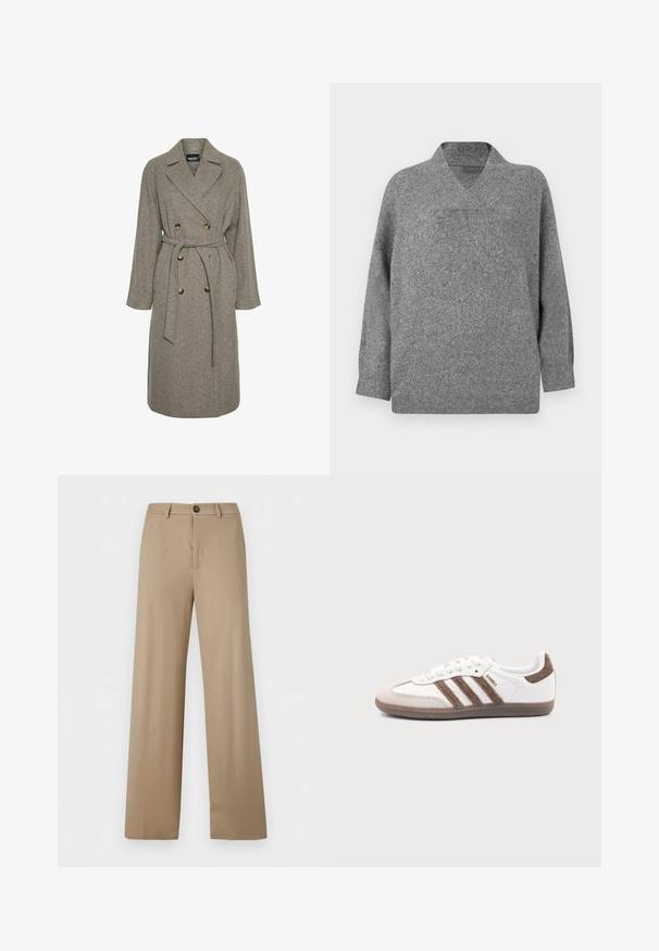 Manteau en mélange de laine gris avec un design croisé, de grands boutons et une taille ceinturée. Il dispose d'un col en V et de manches longues.; Pull en laine gris avec un col en V, des épaules tombantes et des manches longues. Texture douce avec une coupe légèrement oversize et une construction sans coutures.; Pantalon beige taille haute, jambes larges, avec passants de ceinture et fermeture par un bouton unique à la taille.; Baskets Adidas Samba blanches avec des bandes en daim marron, semelle en caoutchouc marron et bout en daim beige, vues du côté extérieur sur un fond uni.