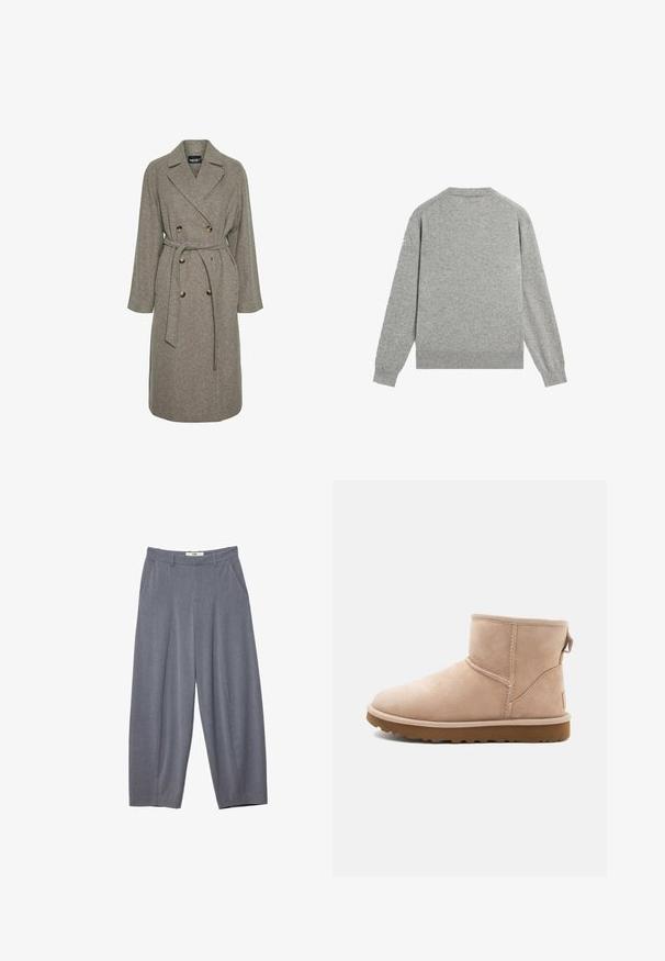 Grå uldblandingsfrakke med dobbeltknap-design, store knapper og bælte i taljen. Har en notch-krave og lange ærmer.; Lysegrå langærmet sweater med ribbet rund halsudskæring, manchetter og linning vist bagfra på en hvid baggrund.; Stradivarius SMART BAGGY WITH SEAM DETAIL - Bukser - grey; Beige ruskindsankelstøvle med rund tå, synlige sting og en tekstureret brun gummisål. Har en træksløjfe på bagsiden.