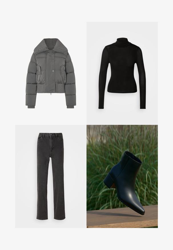 Veste doudoune grise avec un col haut à côtes, design court, boutons pression et deux poches avant. Présente des détails cousus et des poignets à côtes.; Haut à col roulé noir fabriqué en matériau léger et extensible. Il présente des manches longues et une silhouette ajustée sans coutures visibles.; Jeans en denim noir à coupe droite, taille haute, cinq poches et fermeture à bouton. Le matériau a une légère texture, sans motifs visibles.; Bottine noire en cuir avec talon bloc, bout pointu, présentée au-dessus d'une surface en bois avec un fond flou d'herbe verte.