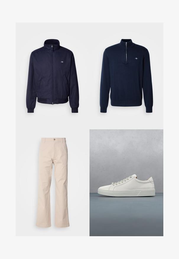 Veste bomber bleu marine en tissu lisse, avec un col montant, fermeture éclair frontale, poignets élastiques et poches latérales. Détail de logo subtil présent.; Pull-over en jersey bleu marine avec un col zippé à mi-hauteur, texture douce, manches longues et un petit logo sur la poitrine gauche.; Pantalon en coton beige avec une coupe droite, doté d'une fermeture à bouton, de poches avant et de détails de couture minimaux.; Baskets en cuir blanc avec un bout arrondi, design minimaliste, lacets gris et semelle en caoutchouc gris texturé. Détails de couture subtils visibles.