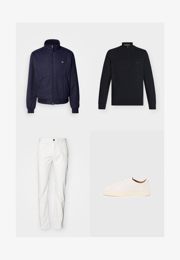 Chaqueta bomber azul marino de tejido suave, con cuello alzado, cremallera frontal, puños elásticos y bolsillos laterales. Detalle del logo sutil presente.; Jersey de punto negro de manga larga con cuello con cremallera hasta la mitad, puños y bajo acanalados, y pequeño logo "BOSS" en el lado izquierdo del pecho.; Pantalones de algodón blanco con un diseño de corte recto, que presentan un cierre de botón y bolsillos, textura suave y estilo minimalista.; Zapatilla blanca de corte bajo con diseño de cordones, detalles mínimos de costuras y suela color crema sobre un fondo gris claro.