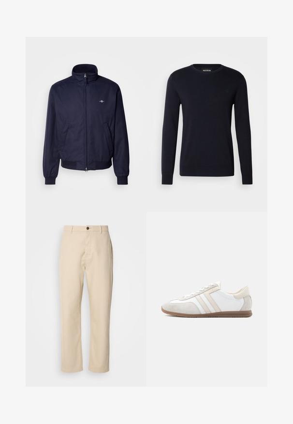 Ναυτικό μπλε bomber jacket φτιαγμένο από απαλό ύφασμα, με όρθιο γιακά, μπροστινό φερμουάρ, ελαστικές μανσέτες και πλαϊνές τσέπες. Παρών διακριτικός λεπτομερής λογότυπος.; Ναυτικό μπλε βαμβακερό πουλόβερ με μακριά μανίκια, στρογγυλή λαιμόκοψη και ριμπ μανσέτες. Διαθέτει μικρό λογότυπο κεντημένο στο στήθος.; Μπεζ βαμβακερό παντελόνι με ίσιες γραμμές, μπροστινό κλείσιμο με κουμπί, πλαϊνές τσέπες και λεία υφή. Μινιμαλιστικός σχεδιασμός, χωρίς ορατά μοτίβα.; Αθλητικό παπούτσι χαμηλού προφίλ σε λευκό και μπεζ χρώμα με σουέντ λεπτομέρειες, κλείσιμο με κορδόνια και καφέ λαστιχένια σόλα, αποτυπωμένο σε πλαϊνή όψη σε μονόχρωμο φόντο.