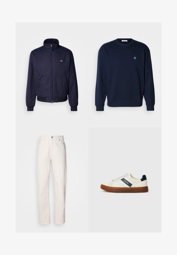 Dunkelblaues Bomberjacke aus glattem Stoff mit Stehkragen, Frontreißverschluss, elastischen Bündchen und Seitentaschen. Dezentes Logodetail vorhanden.; Navyblauer Sweatshirt aus Baumwollmischung mit gerippten Bündchen und Saum. Mit kleinem hellblauen Logo auf der Brust. Klassisches Rundhalsausschnitt-Design.; Weiße Denim-Jeans mit geradem Bein, Knopf- und Reißverschluss, Gürtelschlaufen sowie Vorder- und Hintertaschen, auf einfarbigem Hintergrund gezeigt.; Weiße Leder-Sneaker mit marineblauen Akzenten, ausgestattet mit einem marineblauen Logo-Streifen, grauen Schnürsenkeln und einer braunen Gummisohle. Minimalistisches Design.