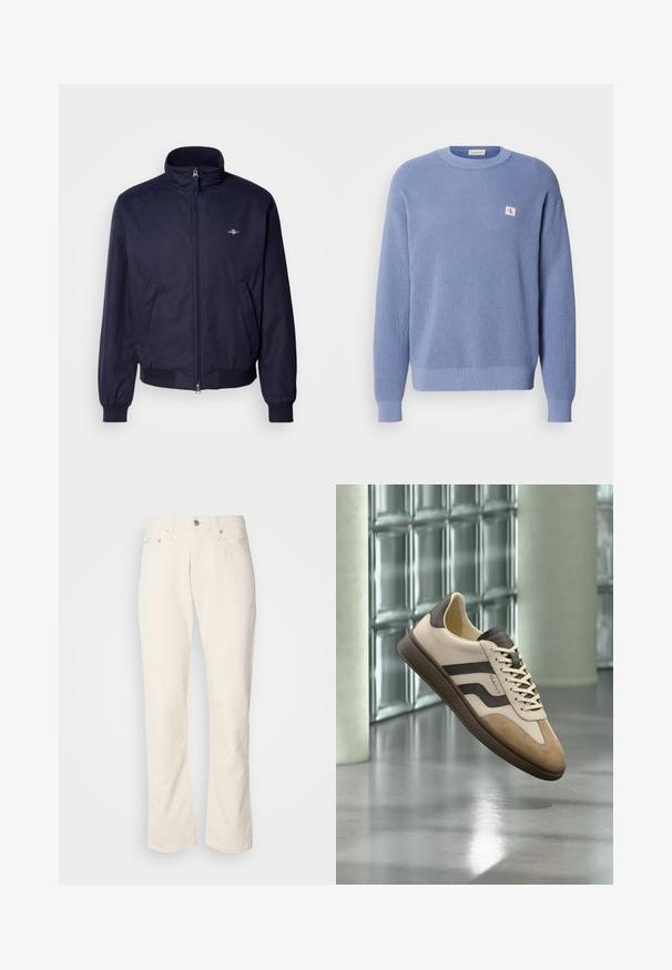 Dunkelblaues Bomberjacke aus glattem Stoff mit Stehkragen, Frontreißverschluss, elastischen Bündchen und Seitentaschen. Dezentes Logodetail vorhanden.; Helles blaues gestricktes Sweatshirt mit geripptem Muster, rundem Halsausschnitt und leicht oversized Passform. Verfügt über einen kleinen Logo-Aufnäher auf der Brust.; Beige Baumwolljeans mit klassischem geradem Bein, ausgestattet mit einem Frontknopfverschluss, fünf Taschen und dezenten Nähdetails.; Beiger und brauner Freizeitschuh mit Wildlederzehe, gebrandetem Seitenstreifen und Schnürsenkeln, schwebend auf poliertem Betonboden im Innenbereich.