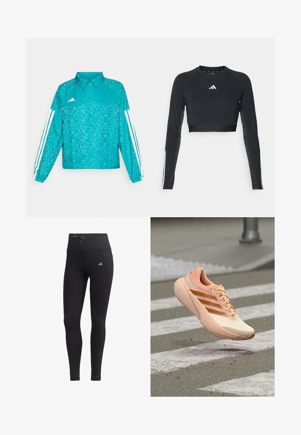 Chaqueta Adidas en tono azul verdoso con un patrón floral, diseño de tres rayas blancas en las mangas, cierre frontal de botones a presión y cuello, sobre un fondo liso.; Top de entrenamiento negro recortado de manga larga hecho de una tela suave. Presenta un logo blanco en el pecho y acentos a rayas en las mangas.; Leggings negros con cinturilla alta, detalle de cordón y bolsillos laterales. Fabricados con un tejido suave y con un acento de logo reflectante.; Zapatilla de correr color durazno claro con rayas naranjas, en el aire sobre un paso de peatones texturizado en una carretera asfaltada.