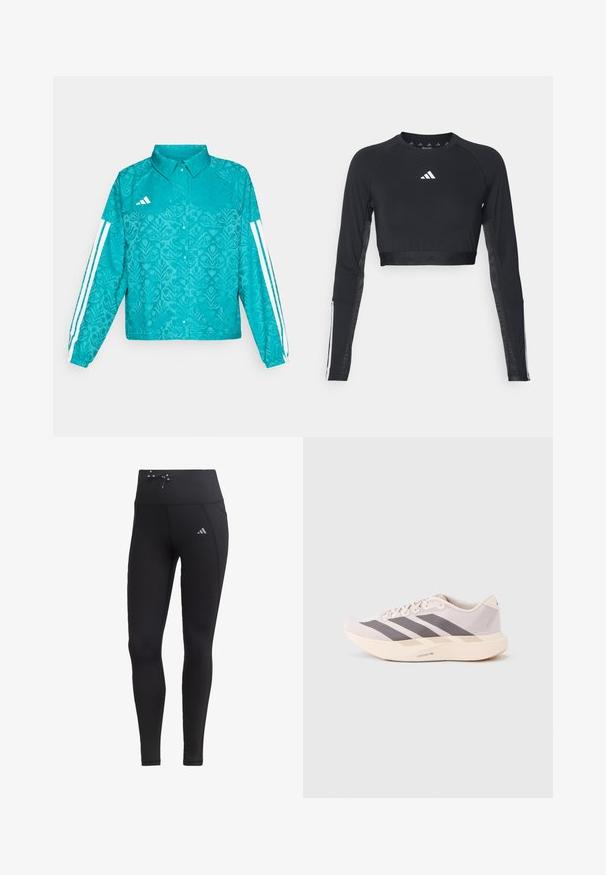 Türkisfarbene Adidas-Jacke mit floralem Muster, weißem Drei-Streifen-Design an den Ärmeln, Druckknopfverschluss vorne und Kragen auf schlichtem Hintergrund.; Schwarzes, verkürztes Langarm-Workout-Oberteil aus glattem Material. Mit einem weißen Logo auf der Brust und gestreiften Akzenten an den Ärmeln.; Schwarze Leggings mit hohem Taillenbund, Kordelzugdetails und Seitentaschen. Hergestellt aus glattem Stoff mit reflektierendem Logo-Akzent.; Leichte Sportsneaker in zartem Rosa und Grau mit einem Obermaterial aus Mesh, drei dunklen Streifen und einer dicken, cremefarbenen Sohle mit der Aufschrift "LIGHTSTRIKE PRO".