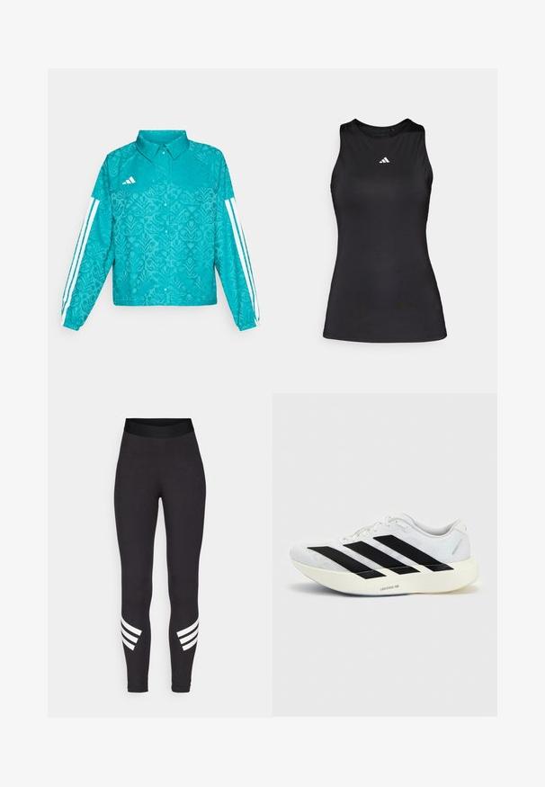 Türkis Adidas jakk, millel on lillemuster, valged kolm triipu disainil varrukatel, nööbid ees ja krae, ühtlasel taustal.; Must kahega sportlik top, mis on valmistatud siledast kangast. Omab ümmargust kaelust ja väikest valget Adidas logo rinnal.; Mustad venitusmaterjalist mustad retuusid, millel on lai vöökoht ja kolm valget horisontaalset triipu alumiste jalgade lähedal.; Valge jooksujalanõu musta kolme triibu disainiga küljel ja paksu valge tallaga, millel on silt "Lightstrike Pro" ühtlasel taustal.