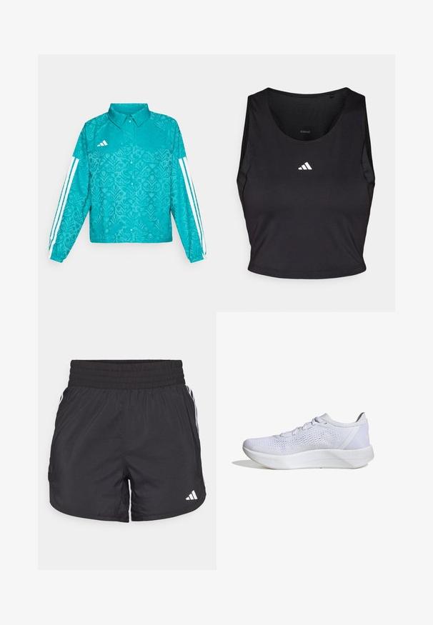 Türkisfarbene Adidas-Jacke mit floralem Muster, weißem Drei-Streifen-Design an den Ärmeln, Druckknopfverschluss vorne und Kragen auf schlichtem Hintergrund.; Schwarzes Sport-Crop-Top aus feuchtigkeitsableitendem Material, mit rundem Halsausschnitt, ärmellosem Design und weißem Logo auf der Brust.; Schwarze Sportshorts mit elastischem Bund, seitlichen Taschen und weißen Streifenakzenten an den Seiten. Hergestellt aus leichtem Material.; Weißer Sportschuh mit atmungsaktivem Mesh-Obermaterial, Schnürdesign, gepolstertem Kragen und einer strukturierten Gummisohle für besseren Halt.