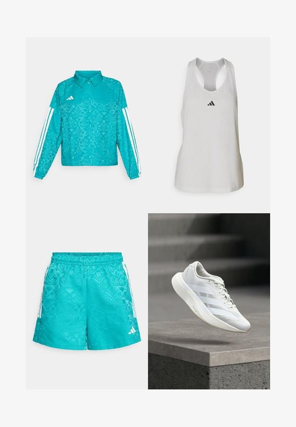 Veste Adidas teal avec motif floral, design à trois bandes blanches sur les manches, fermeture à boutons-pression sur le devant, et col sur fond uni.; Débardeur de sport blanc en tissu léger avec un dos nageur et un petit logo noir sur la poitrine.; adidas Sportswear TIRO - Short de sport - pure teal/white; Chaussure de sport blanche avec une tige texturée, trois bandes latérales, une semelle amortie et un bout arrondi, posée au-dessus d'une surface en béton.