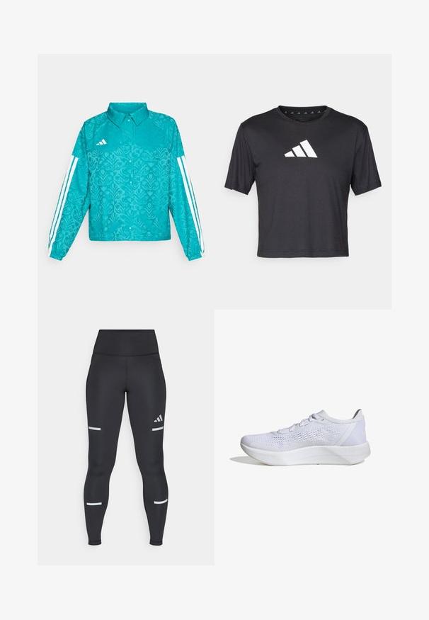 Tyrkysová bunda Adidas s kvetinovým vzorom, biele tri pruhy na rukávoch, predný zapínací gombík a golier na jednofarebnom pozadí.; Čierne skrátené tričko z hladkej tkaniny, s bielym logom Adidas na hrudi, okrúhlym výstrihom a krátkymi rukávmi.; Čierne legíny s vysokým pásom, vyrobené z hladkého materiálu. Obsahujú biele reflexné pruhy v oblasti kolien a logo Adidas.; Biele atletické topánky s priedušným sieťovým zvrškom, šnurovací dizajn, polstrovaný golier a textúrovaná gumová podrážka pre trakciu.
