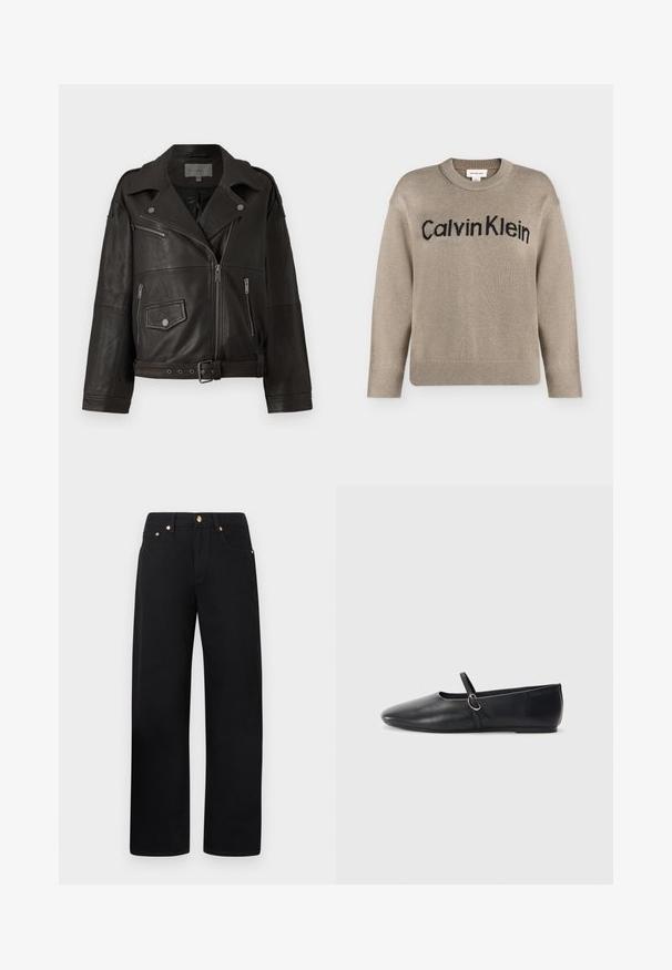 Chaqueta de biker de cuero negro con cremalleras plateadas, botones a presión y bolsillos laterales; cuenta con una cintura con cinturón y un diseño de cuello ancho.; Jersey de punto beige de manga larga con puños y bajo acanalados, con el logo "Calvin Klein" en negro en el pecho.; Pantalones de algodón negros con un diseño de pierna recta, con herrajes en tono dorado y dos bolsillos frontales. Textura suave y corte clásico.; Bailarinas de cuero negro con punta afilada, suela plana y una pequeña correa con detalle de hebilla plateada.