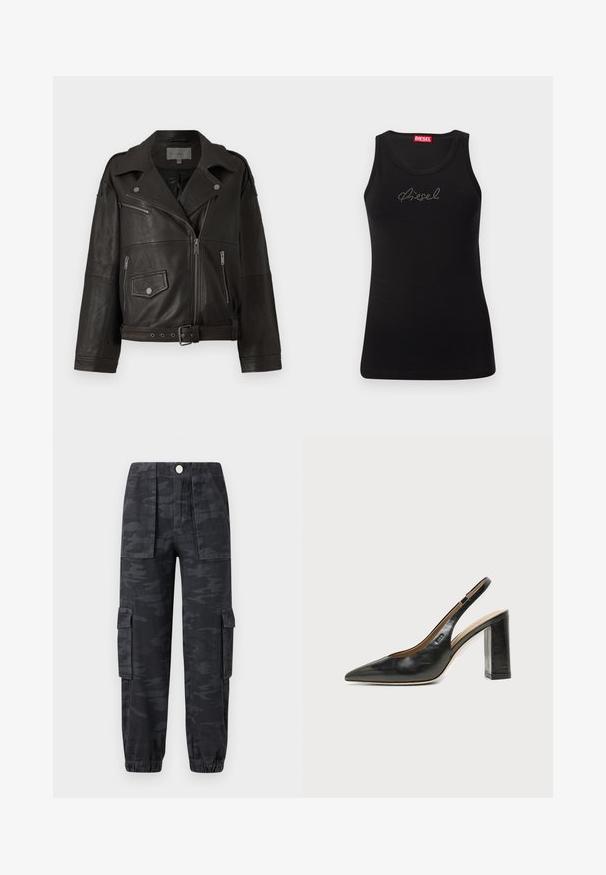 Zwart leren motorjack met zilveren ritsen, drukknoopsluitingen en zijzakken; heeft een taille met riem en een breed kraagontwerp.; Zwarte mouwloze tanktop met rhinestone "Diesel"-logo op de borst en rood merklabel aan de binnenkant van de halslijn.; Cargo broek in een donker camouflagepatroon, met een elastische tailleband, zijzakken en boorden aan de onderkant. Gemaakt van duurzaam materiaal.; Zwarte leren slingback schoen met spits toelopend neusje, hoge blokhak en beige binnenvoering tegen een effen lichte achtergrond.